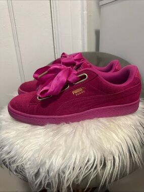 Women’s PUMA Pink Suede Sneakers with Satin Ribbon Laces